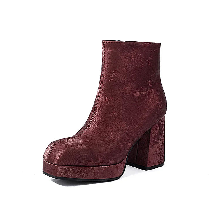 Solid Color Zipper Square Toe Chunky Heel Ankle Boots