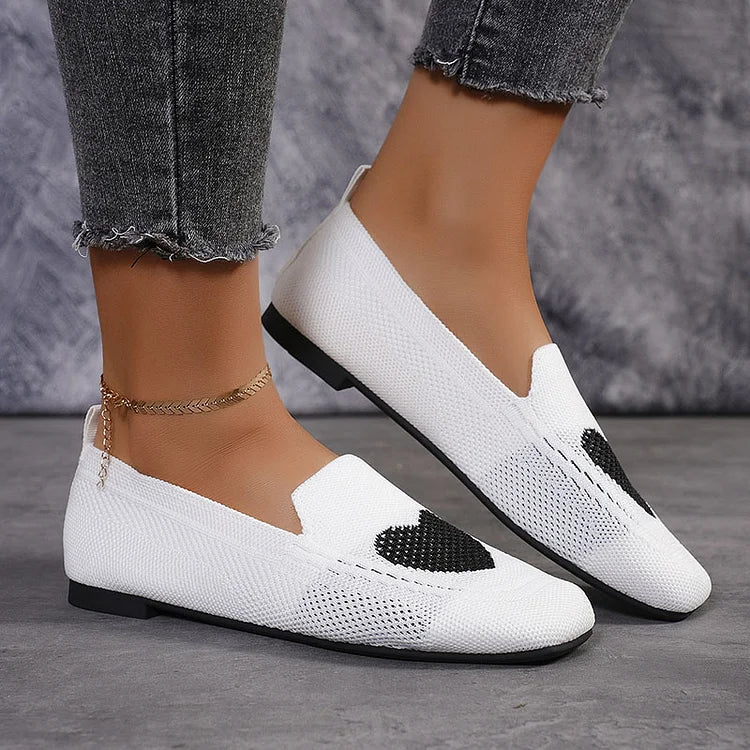 Heart Pattern Print Square Toe Slip On Knit Casual Flats