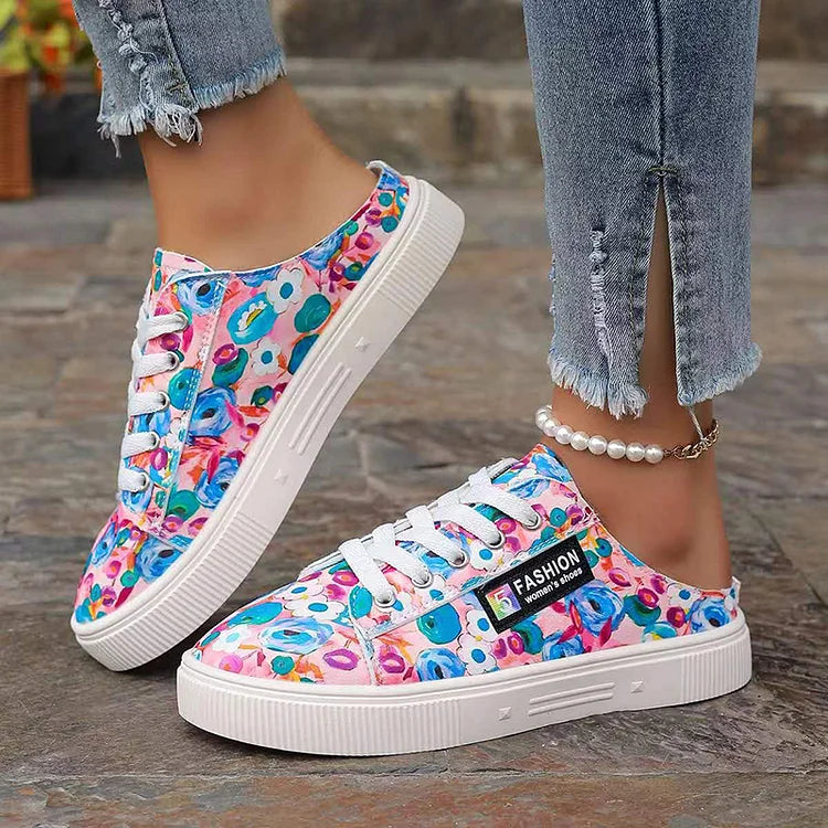 Canvas Multicolor Print Round Toe Slip On Lace Up Sneakers