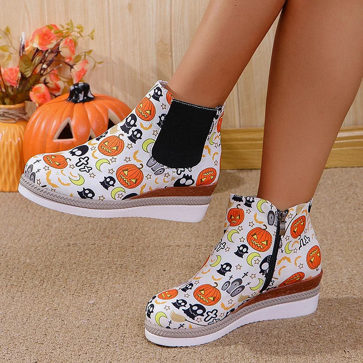 Halloween Roses Skull Print Round Toe Wedge Heel Ankle Boots