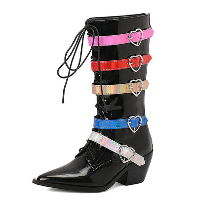 Pointed Toe Multicolor Straps Buckles Lace Up Mid Calf Boots