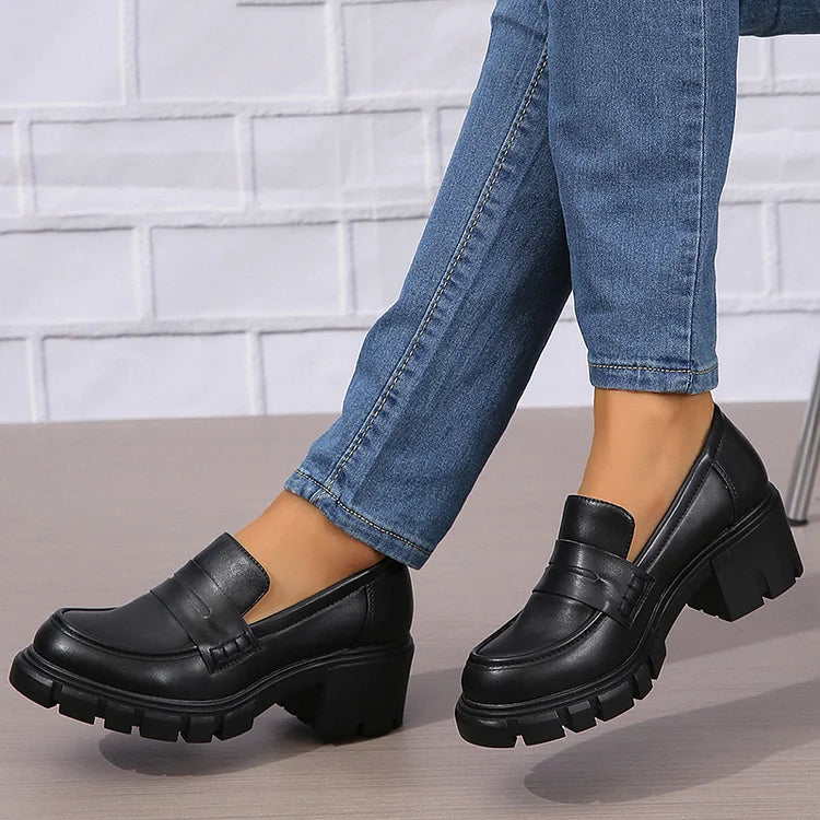 Casual Patchwork Round Toe Plain Chunky Heels Loafers