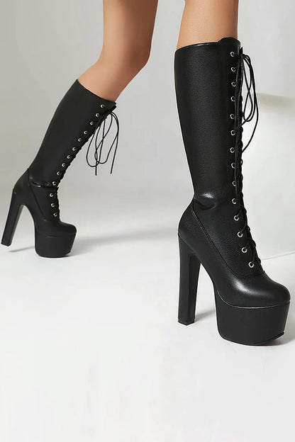 Round Toe Solid Color Lace Up Chunky Heel Platform Knee High Boots