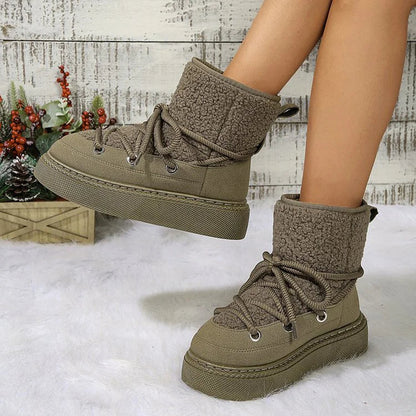 Patchwork Round Toe Lace Up Low Platform Snow Boots