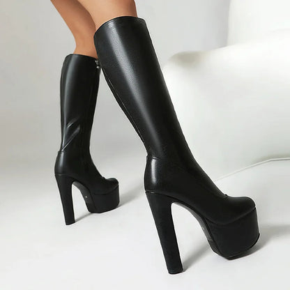 Zipper Solid Color Round Toe Chunky Heel Platform Knee High Boots