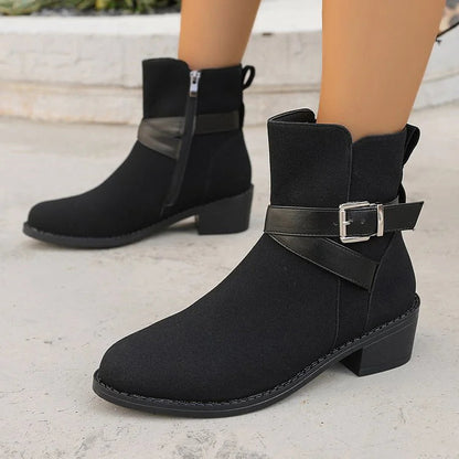 Patchwork Crossover Strap Buckle Pointed Toe Chunky Heel Mid Boots