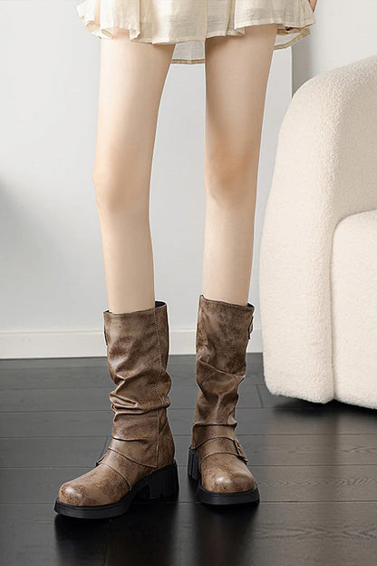 Solid Color Two Straps Buckles Round Toe Chunky Heel Mid Boots