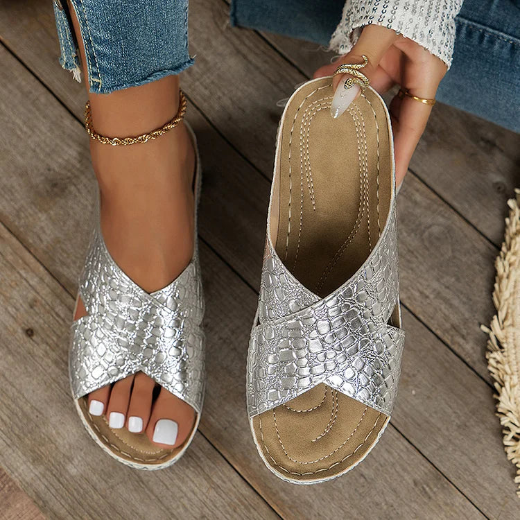 Crocodile Embossed Cross Belt Soft-Soled Wedge Slippers