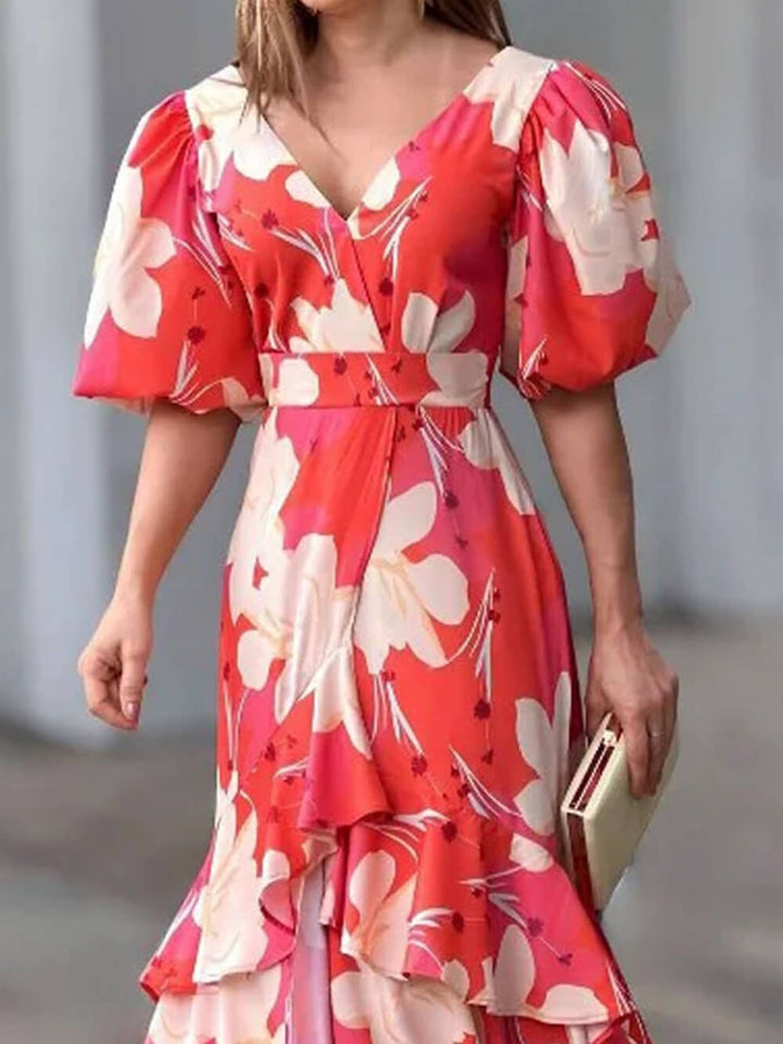 Elegant V-Neck Printed Layered Dress