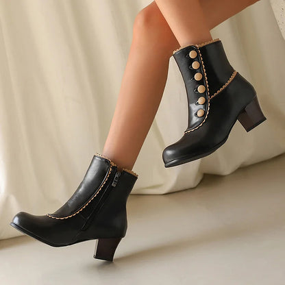 Buttons Colorblock Trim Round Toe Chunky Heel Ankle Boots