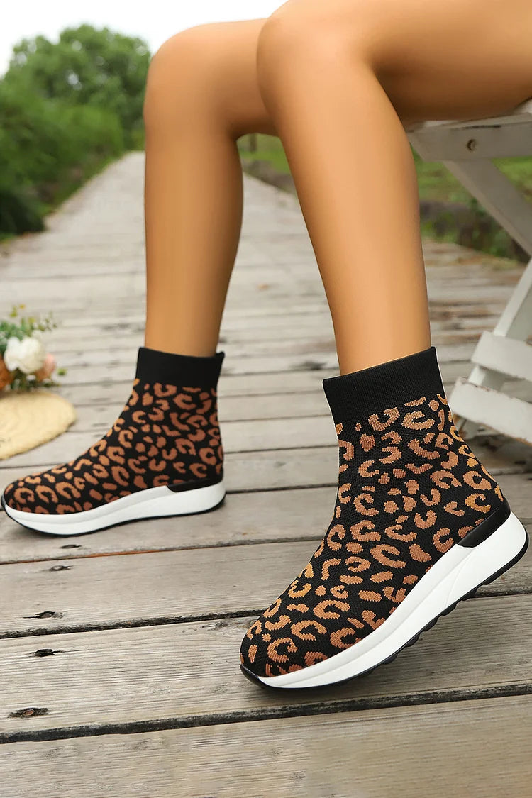 Colorblock Leopard Pattern Round Toe Casual Pull On Ankle Boots