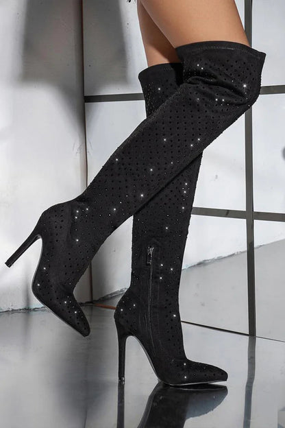 Rhinestone Decor Pointed Toe Stiletto Heel Over The Knee Boots