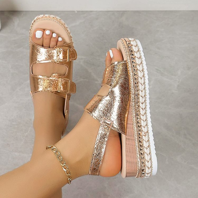 Metallic Sheen Slingback Strap Studded Buckles Platform Sandals