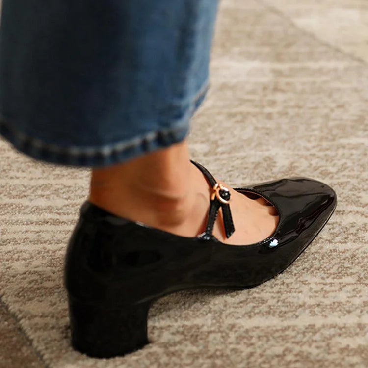 Elegant Instep Strap Buckle Solid Color Square Toe Chunky Heels