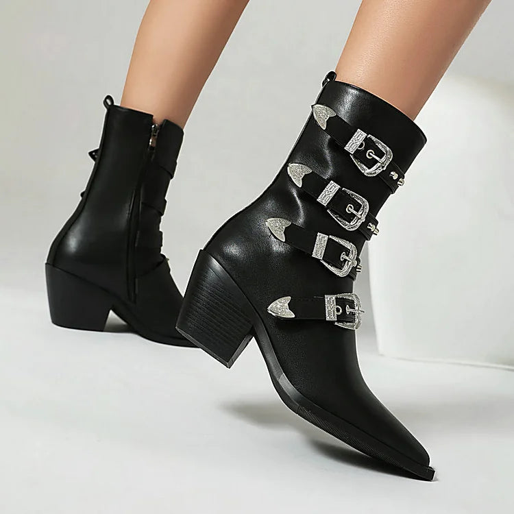 Multicolor Straps Buckles Pointed Toe Chunky Heel Mid Calf Boots