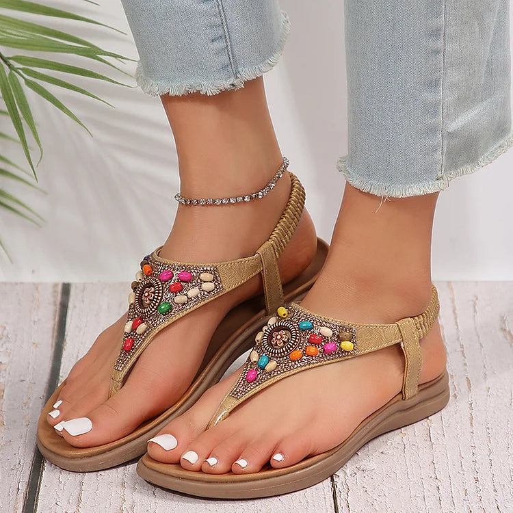 Boho Colourful Beads Rhinestone Flip Flops Elastic Band Sandals