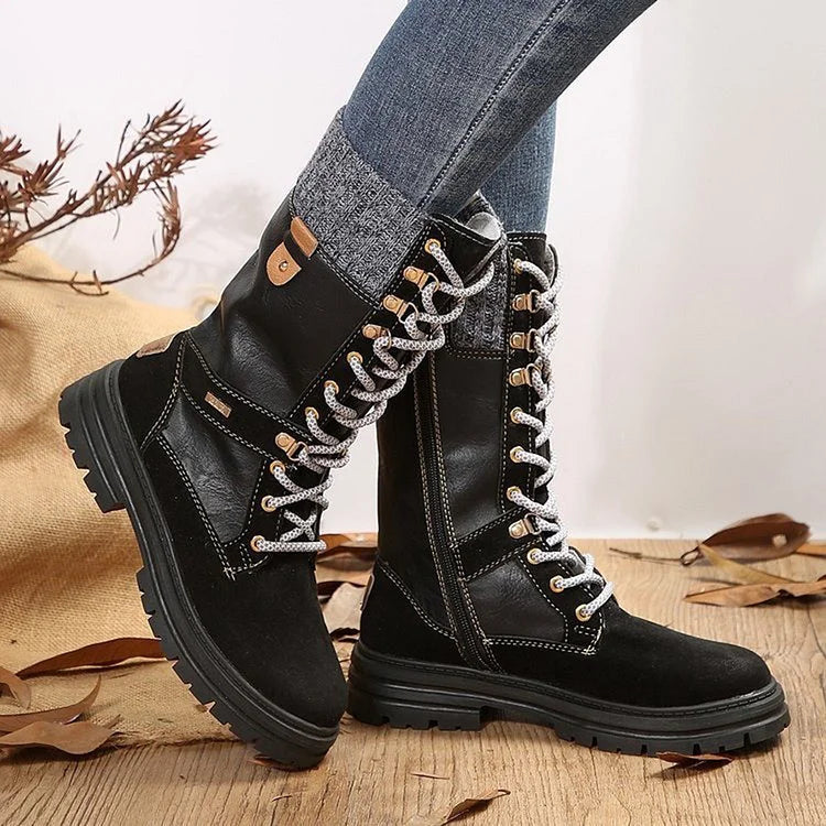 Patchwork Round Toe Low Block Heel Lace Up Mid Calf Boots