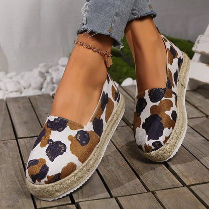 Leopard Pattern Print Low-Top Round Toe Platform Espadrille Loafers
