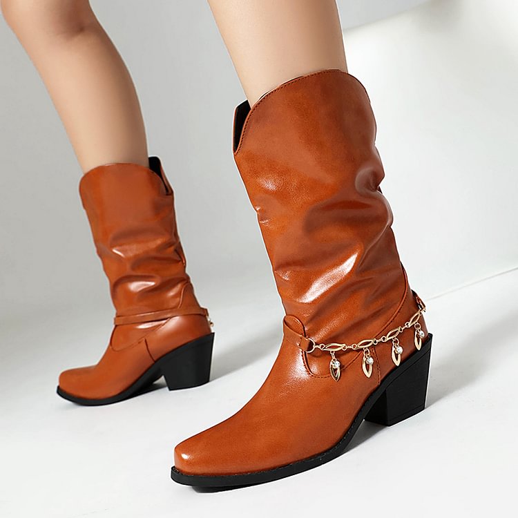 Metal Chain Decor Patchwork Square Toe Chunky Heel Mid Calf Boots