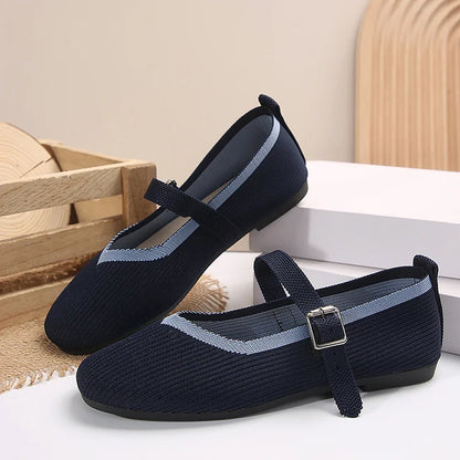 Contrast Binding Instep Strap Buckle Round Toe Knit Flats