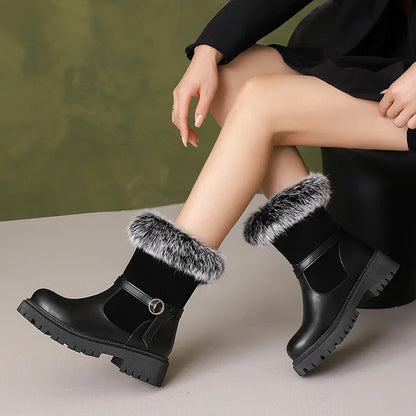 Patchwork Strap Buckle Decor Faux Fur Trim Round Toe Chunky Heel Ankle Boots