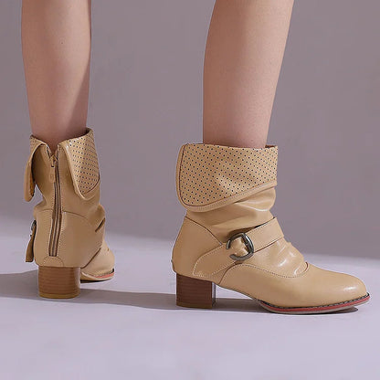 Colorblock Fold Patchwork Strap Buckle Chunky Heel Ankle Boots