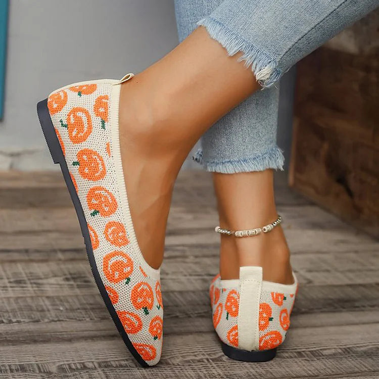 Halloween Horror Pumpkin Pattern Print Pointy Toe Knit Flats