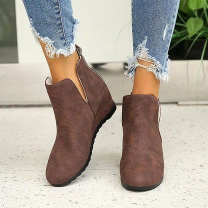 V Cut Solid Color Round Toe Wedge Heel Slip On Ankle Boots