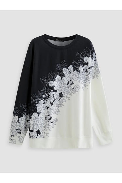 Elegant Floral Print Round Neck Cotton-blend Vacation Sweatshirt