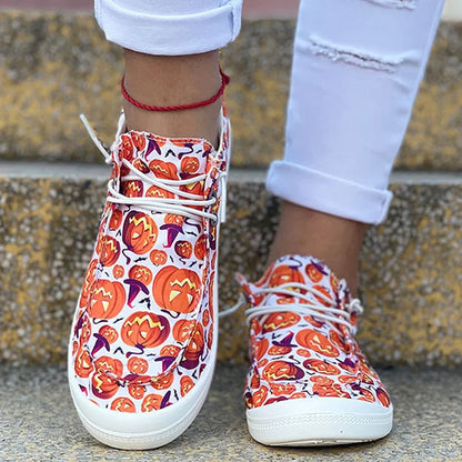 Halloween Colored Skeleton Pumpkin Print Lace Up Casual Shoes