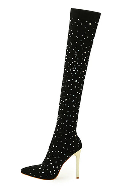 Rhinestone Decor Pointed Toe Stiletto Heel Over The Knee Sock Boots