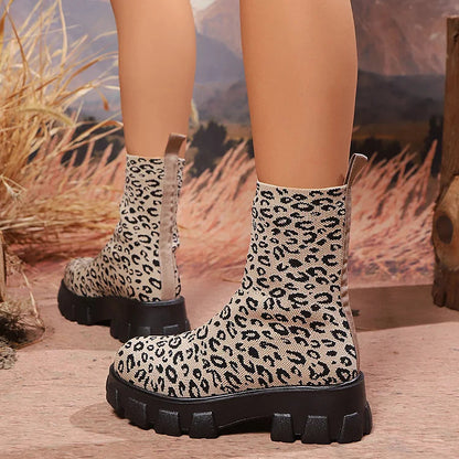 Knitted Leopard Pattern Round Toe Pull On Mid Boots