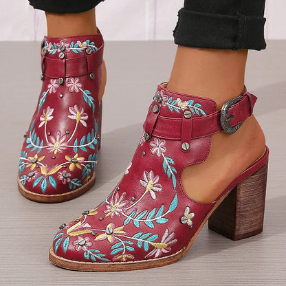 Floral Leaf Embroidery Round Toe Slingback Chunky Heels