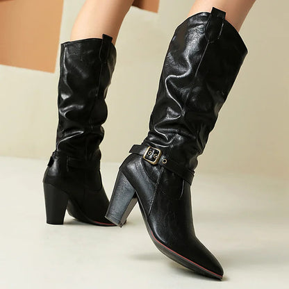 Pointed Toe Chunky Heel Strap Buckle Decor Solid Color Mid Calf Boots