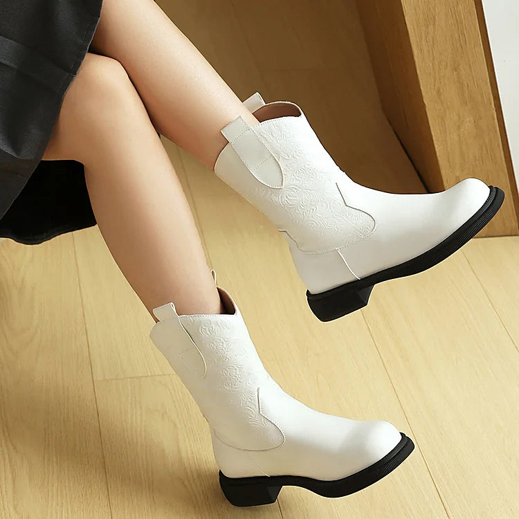 Floral Pattern Patchwork Round Toe Low Block Heel Mid Boots