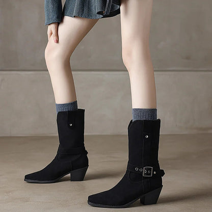 Patchwork Strap Buckle V Cut Square Toe Chunky Heel Mid Boots