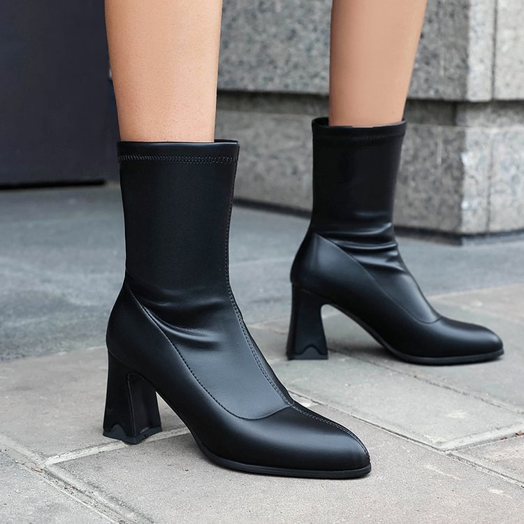 Metallic Sheen Solid Color Pointed Toe Chunky Heel Mid Calf Boots