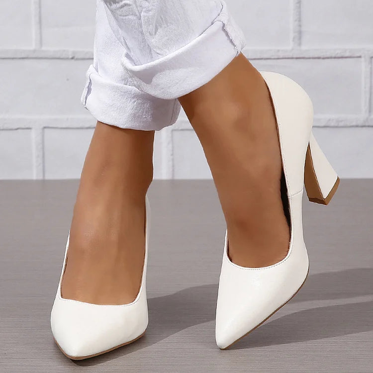 Casual Solid Color Pointy Toe Slip On Chunky Heels