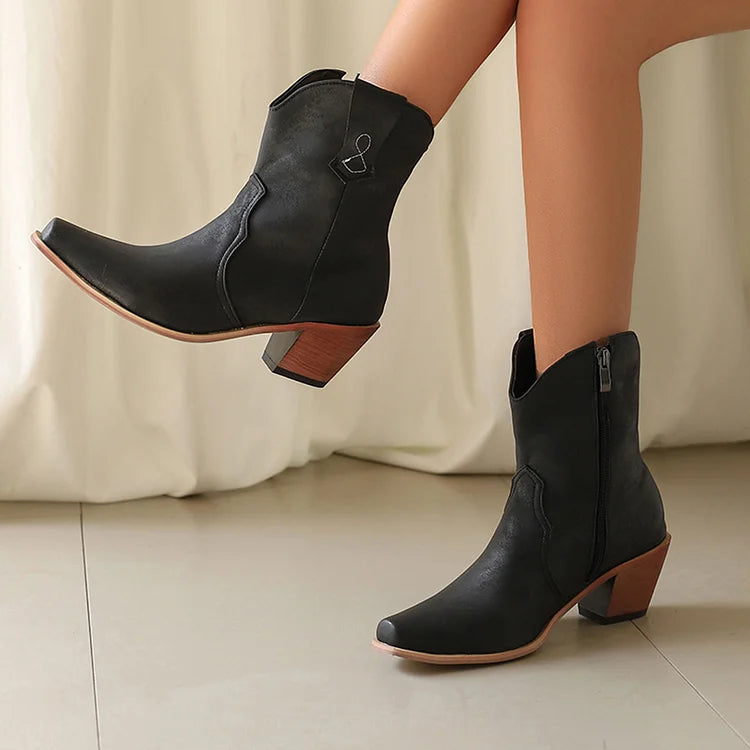 Patchwork Pointed Toe Chunky Heel Zipper Western Boots