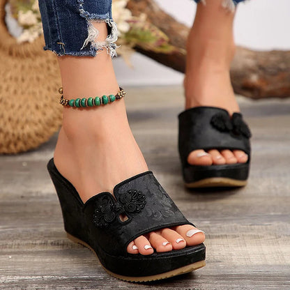 Embroidery Floral Print Platform Muffin Wedge Plain Slippers