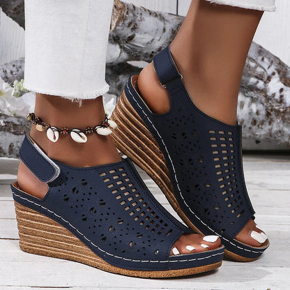 Hollow Out Peep Toe Platform Wedge Magic Stick Closure Sandals