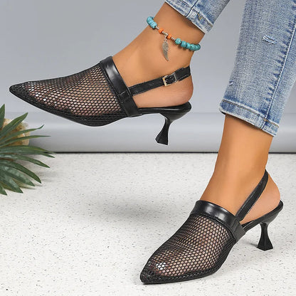 Hollow Out Mesh Slingback Strap Buckle Pointy Toe Stiletto Heels