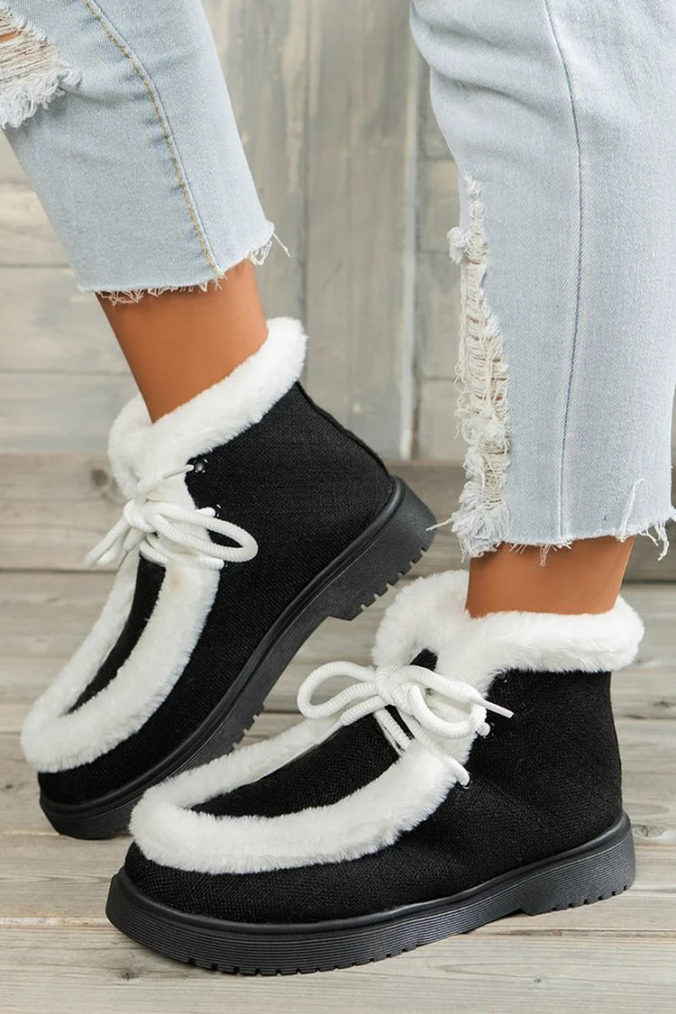 Patchwork Fluffy Trim Round Toe Lace Up Snow Boots