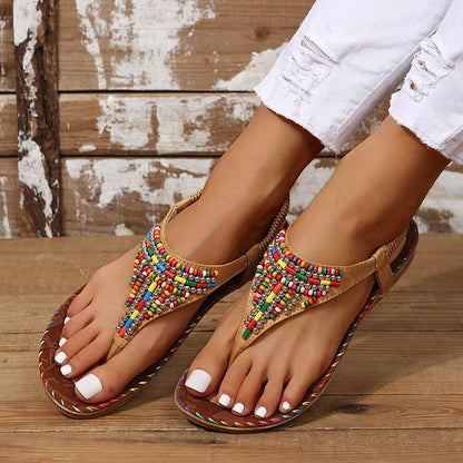 Colourful Beads Seam Decor Elastic Band Flip Flops Sandals