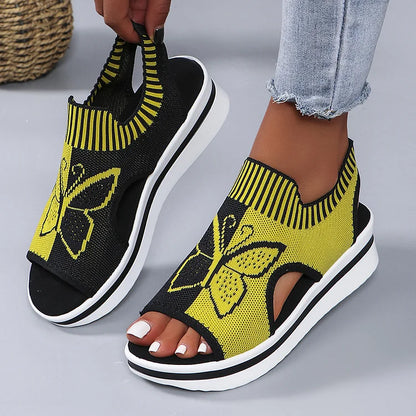 Butterfly Print Cut Out Peep Toe Knit Breathable Platform Sandals