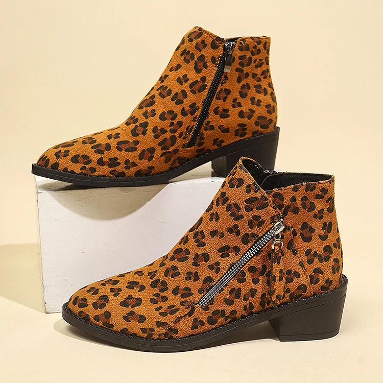 Leopard Print Zipper Pointed Toe Chunky Heel Ankle Boots