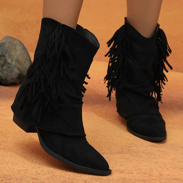 Fringed Trim Solid Color Fold Pointed Toe Chunky Heel Mid Boots