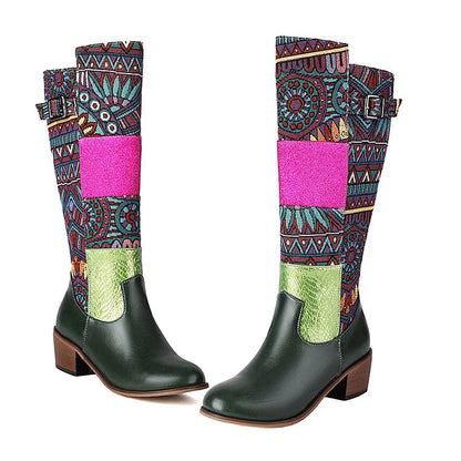 Colorblock Patchwork Tribal Pattern Round Toe Mid Calf Boots