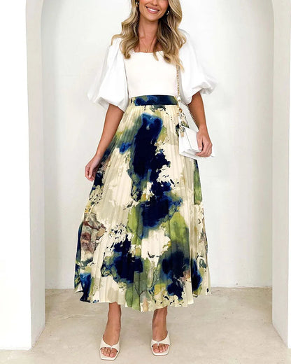 High-end oil painting printed pleated A-line pleated skirt