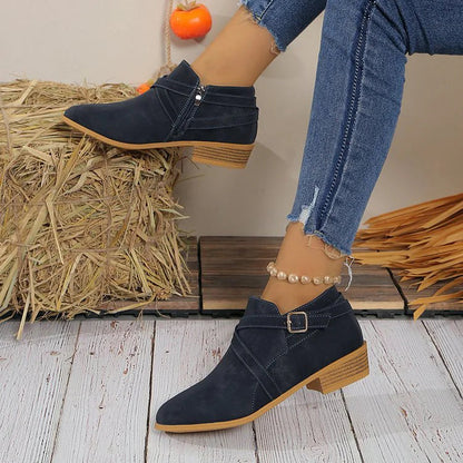 Crossover Strap Buckle Decor Round Toe Zipper Ankle Boots